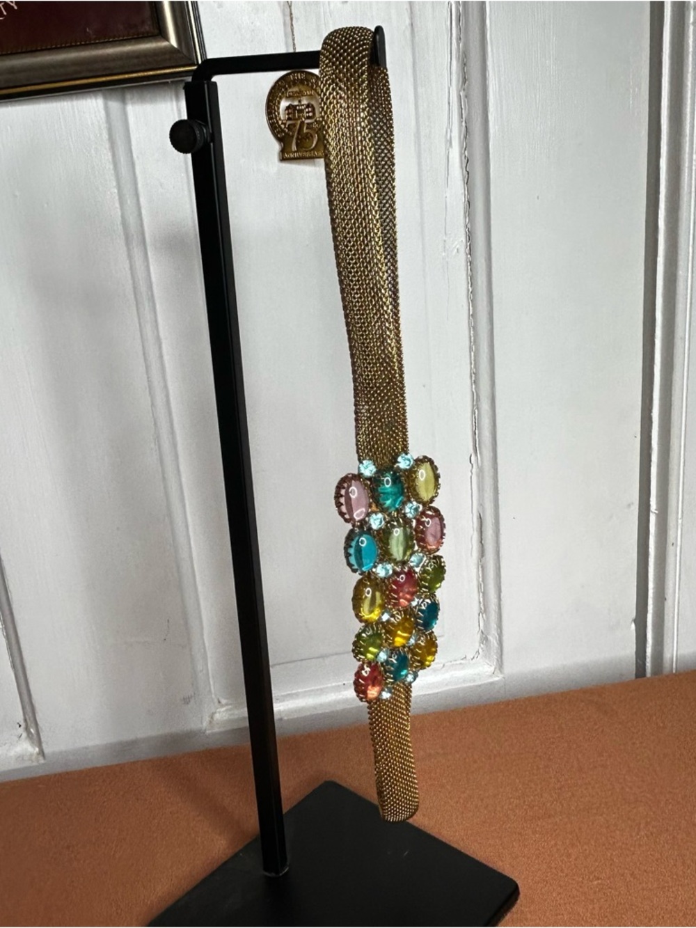 Vintage gold tone mesh skinny belt with jewels 28”